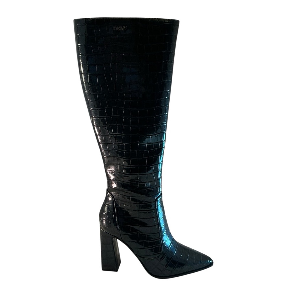 DKNY Shamira Croc Embossed Knee High Boots Women’s Size 7.5 Block Heel Zip Black